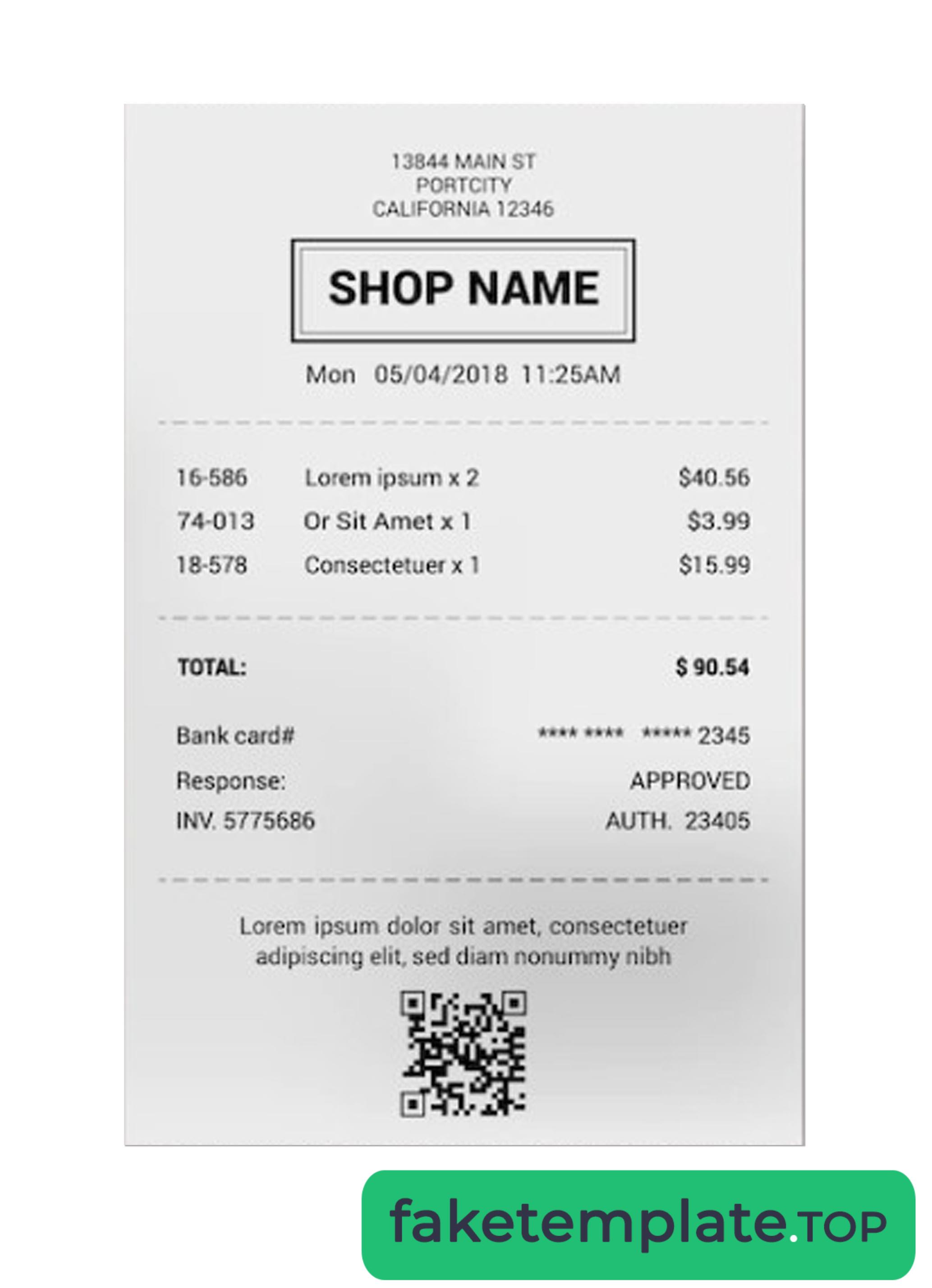 Feature of fake SHOP receipt example sample